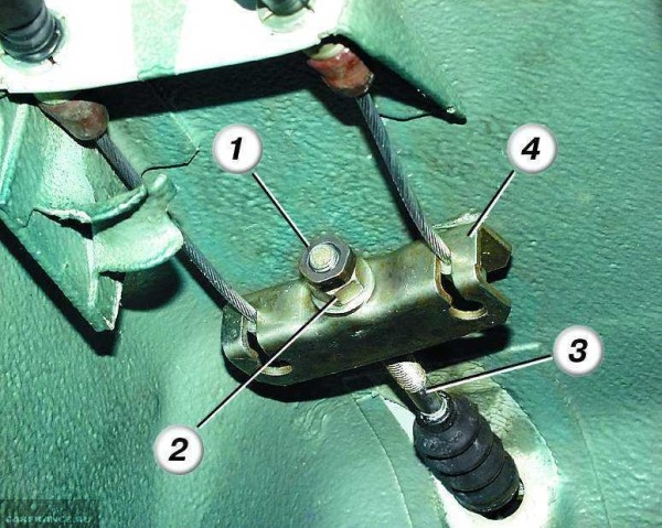 Устройство регулировочного узла ручного тормоза в ВАЗ-2110, фото вблизи