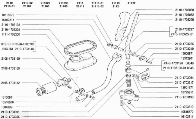 Деталировка привода переключения режимов работы коробки передач в ВАЗ-2110